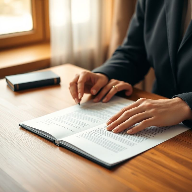 Mâini examinând un document formal pe un birou din lemn cald