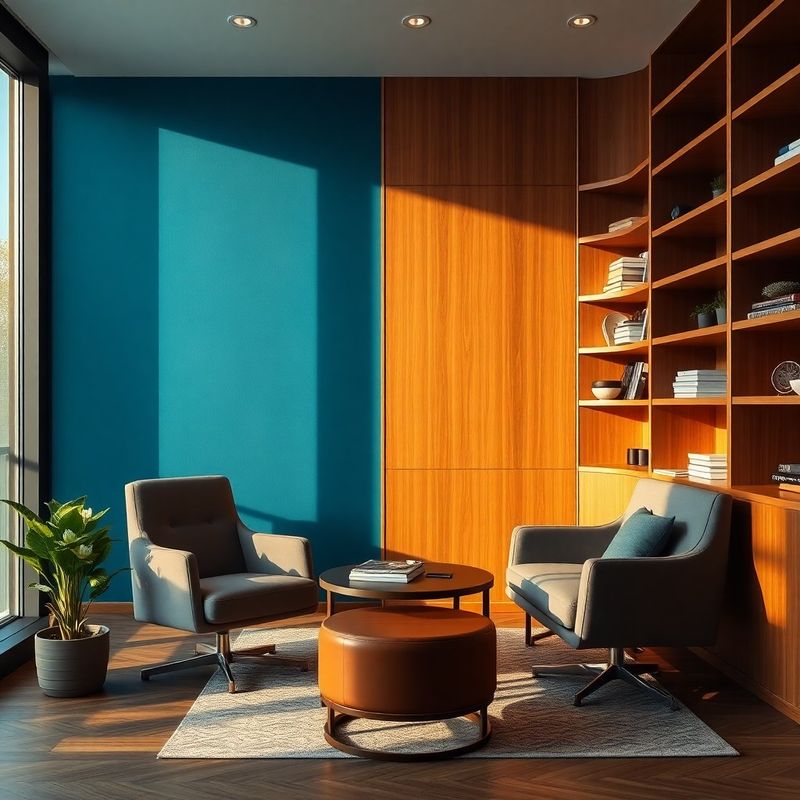 Interior de birou de consultanță cu accente azur și lemn natural în Craiova